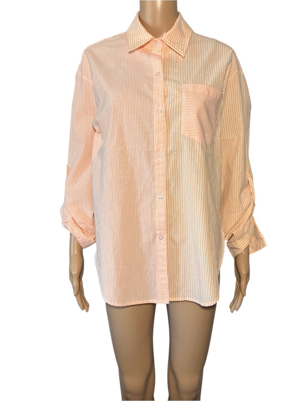 Allie Rose Shirt Womens S Peach Striped Button Down Roll Tab Sleeve Oversized